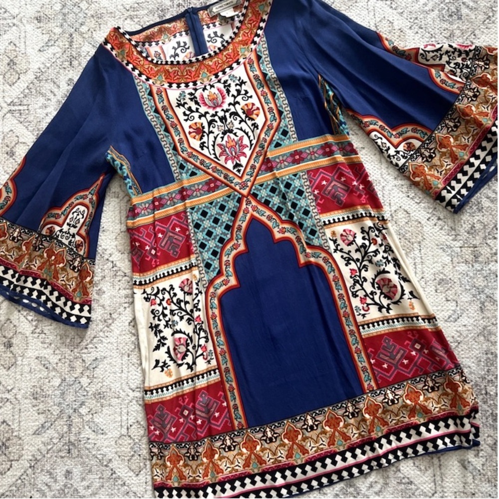 Flying Tomato Mini Dress Womens Boho Artsy Tribal Print 3/4 Kimono Sleeve Sz L